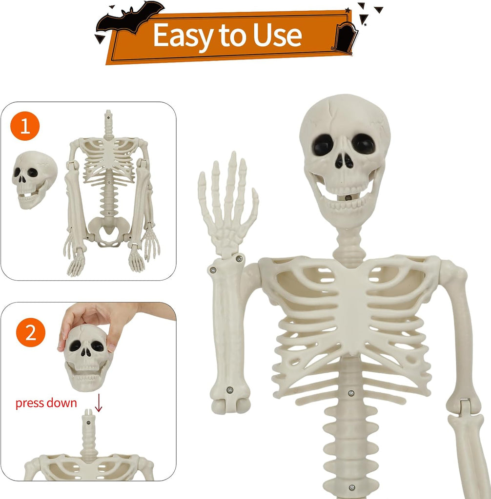 Halloween Skeleton Decorations, 2 Pack 36" Full Body Joints Posable Skeleton with 3 Pack 16" Hanging Skeleton, Creepy - Set of 2