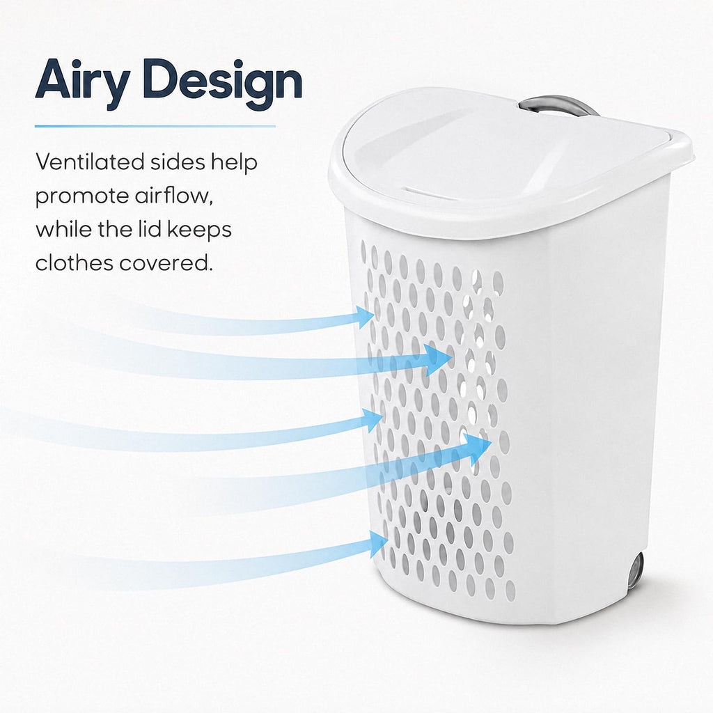 White Wheeled Plastic Laundry Hamper - Adult-Sized Rolling Basket