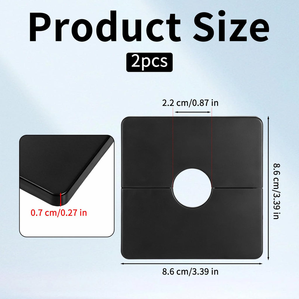 2PCS Black Square Shower Arm Flange, Self-Adhesive Escutcheon Plate for Wall, 3.39in Large Plumbing Cover Plate