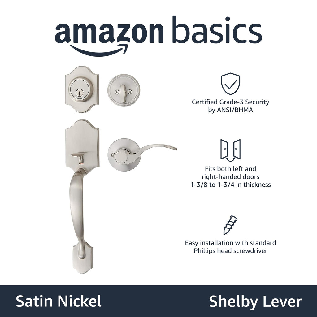Front Door Lock Set, Handleset with Shelby Lever, Single Cylinder, Easy to Install, Satin Nickel