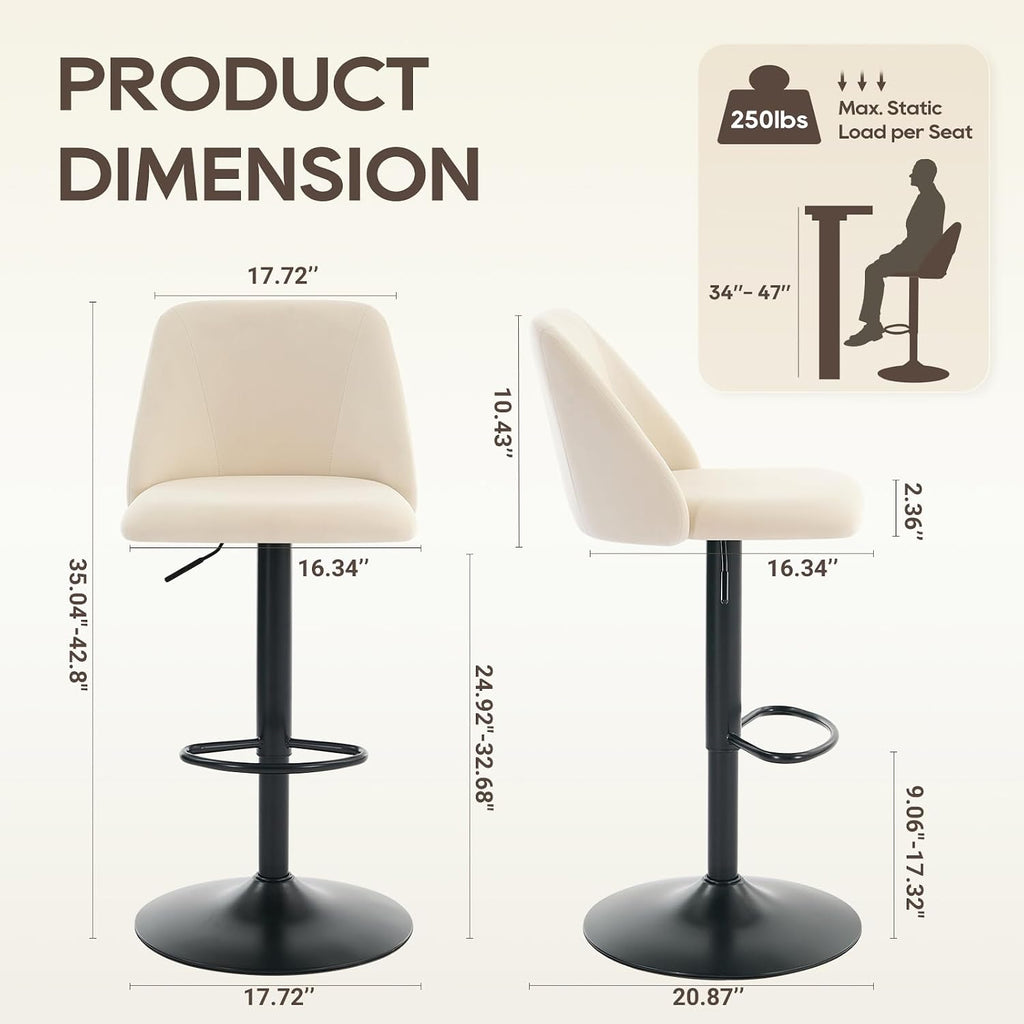 Bar Stools Set of 2, Modern Swivel Bar Chairs, Adjustable Upholstered Barstools Counter Height with Full Backrest
