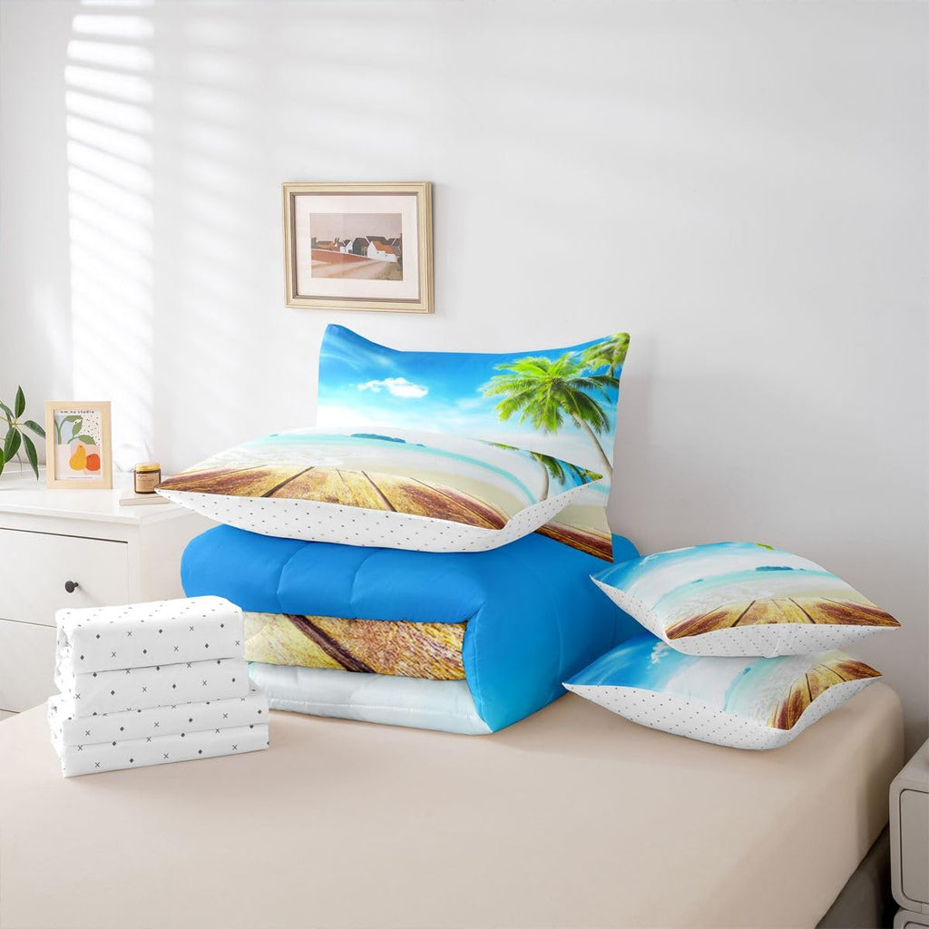 Beach Comforter Set 7 Pieces, Ocean Bed in A Bag, Tropical Palm Tree Hawaiin Bedding Set with Comforters