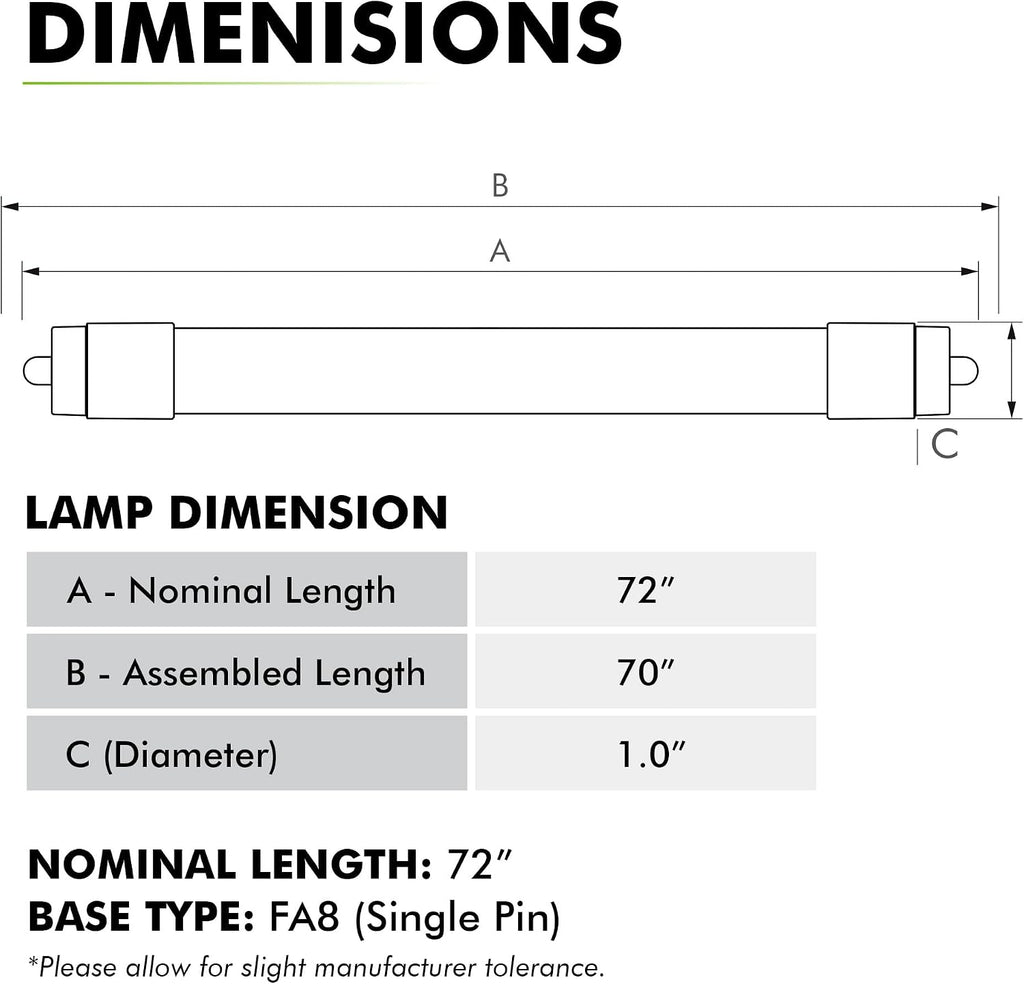 2 Pack 6 ft T8 Single Pin (FA8) Type A Plug & Play LED Tube, Cool White (4100K) Direct Replacement for 38W F72T8/CW