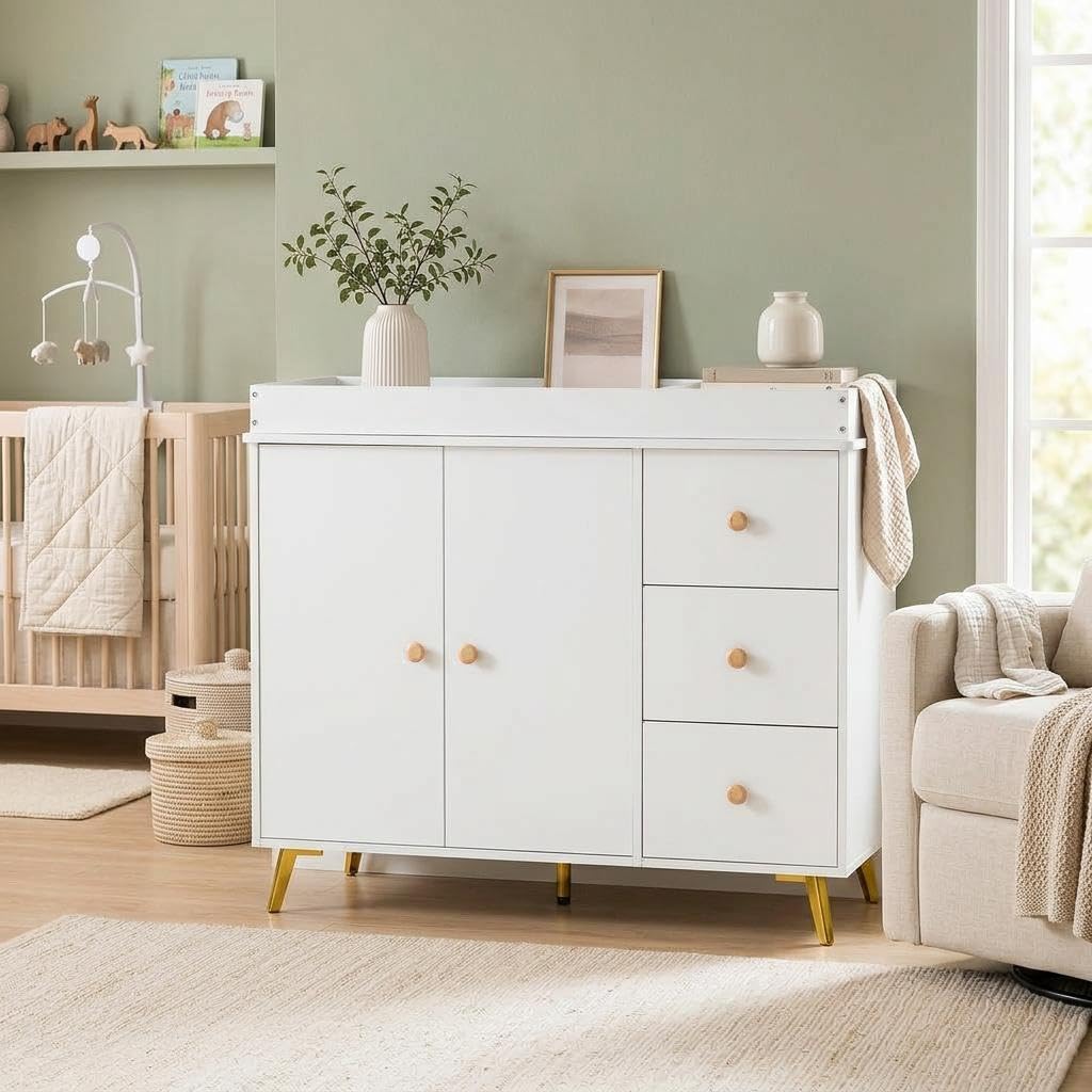 Baby Changing Table, White Wooden Dresser with 3 Drawers and Cabinet | Diaper Station with Waterproof Changing Pad