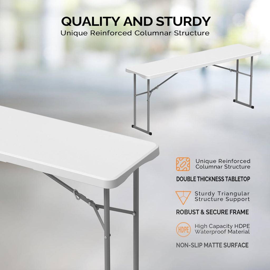 6 FT Narrow Folding Table, Tabletop Folded in Half, Premium Quality HDPE Material and Sturdy Metal Frame, Perfect for