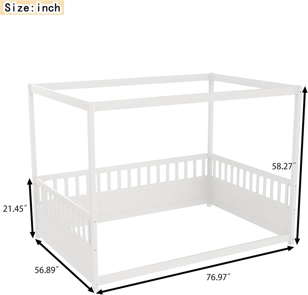 Canopy BedFrame, Wood Montessori House Floor Bed, Canopy Platform Bed for Kids, White no slats