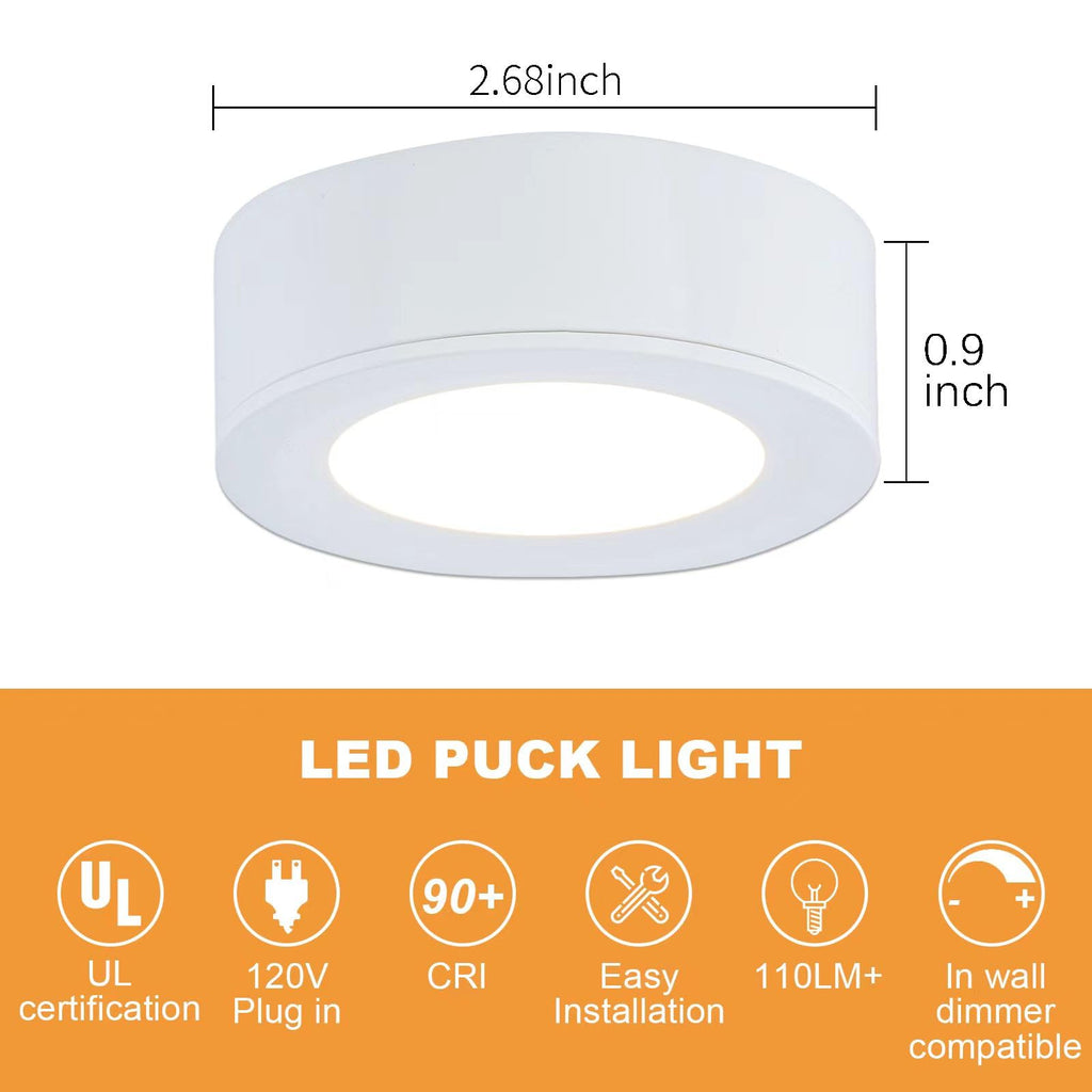 Wired LED Puck Lights 120V (2.7Wx3) Plug-in Lighting Warm White, LED Cabinet Light Can Be Surface Mount or Recess
