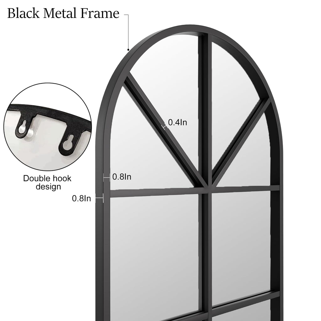 Floor Full Length Mirror, Arch Top Window Pane Mirror, 71"x32" Black