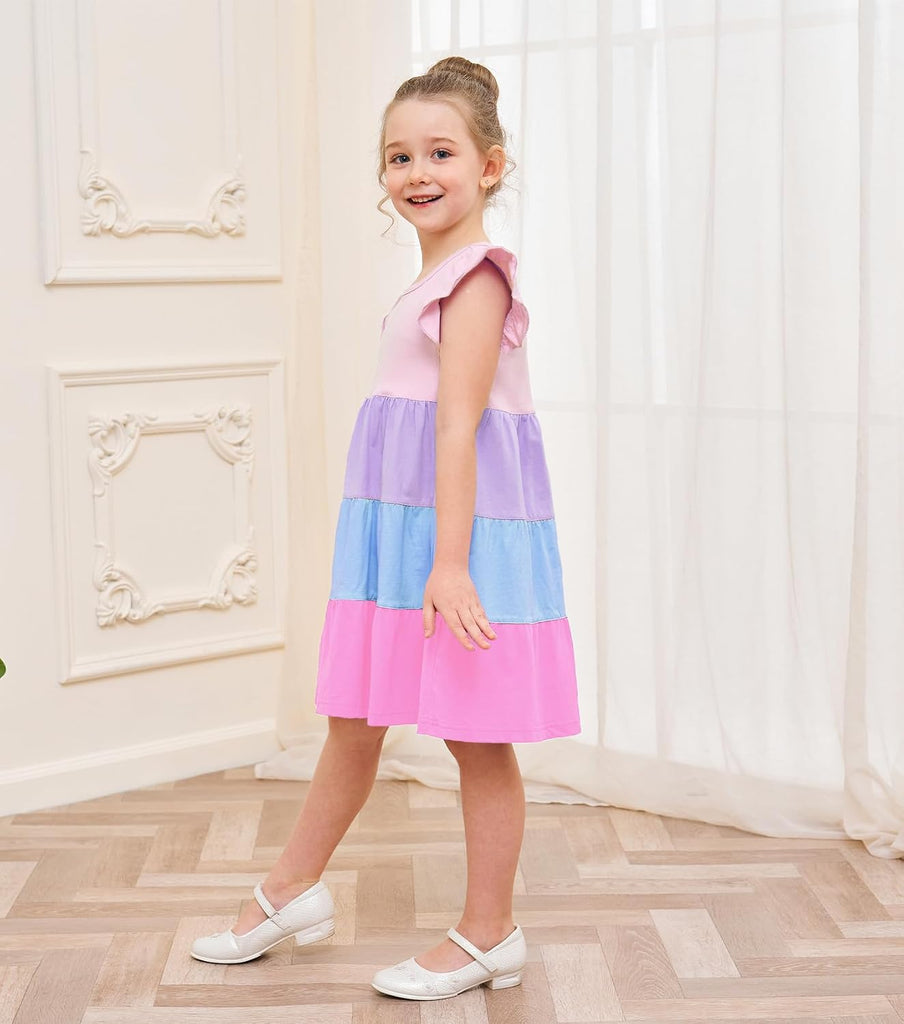 Girl's Dresses Cotton Ruffle Sleeve Tiered Swing A-Line Cute Midi Casual Sundress