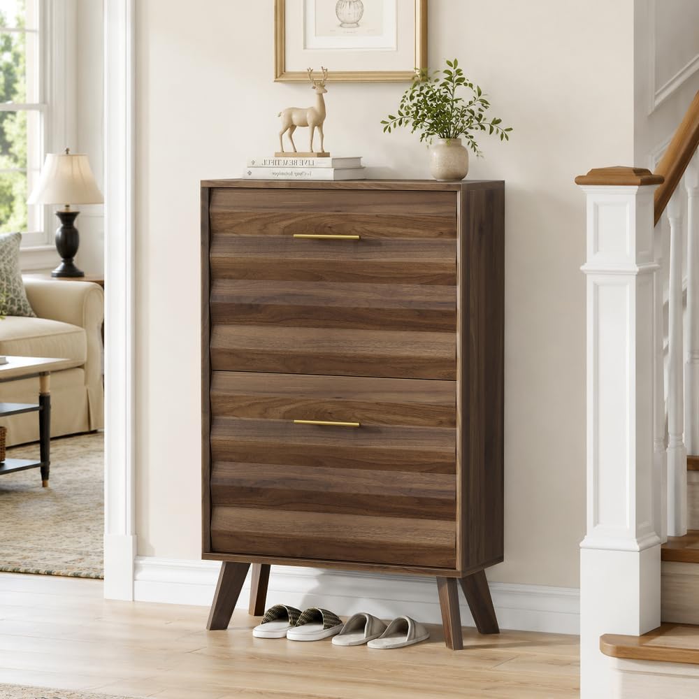 Slim Flip-Top Shoe Cabinet, Mid-Century Modern, 23.6in | Dual Tilt-Out Doors, Open Top Shelf, Angled Solid Wood Legs