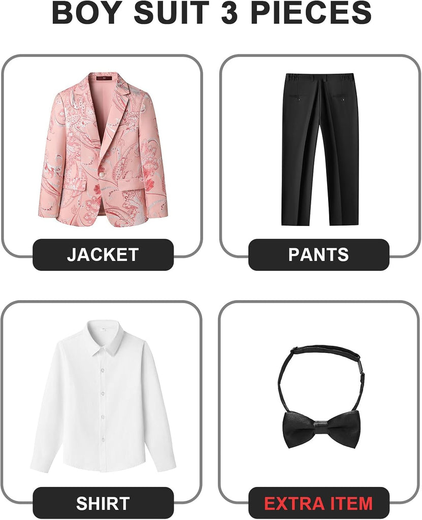 Boys Floral Tuxedo Suit Set Kids 3 Piece Slim Fit Prom Set