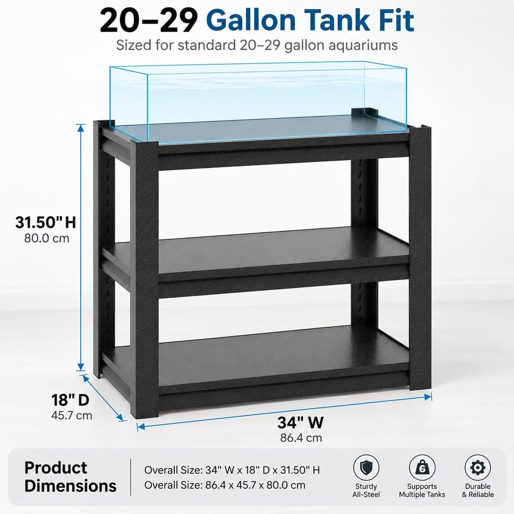 20-29 Gallon Aquarium Stand Metal Frame Fish Tank Stand with 2-Tier Storage Shelves, for 20 Gallon Long Aquarium, 34"