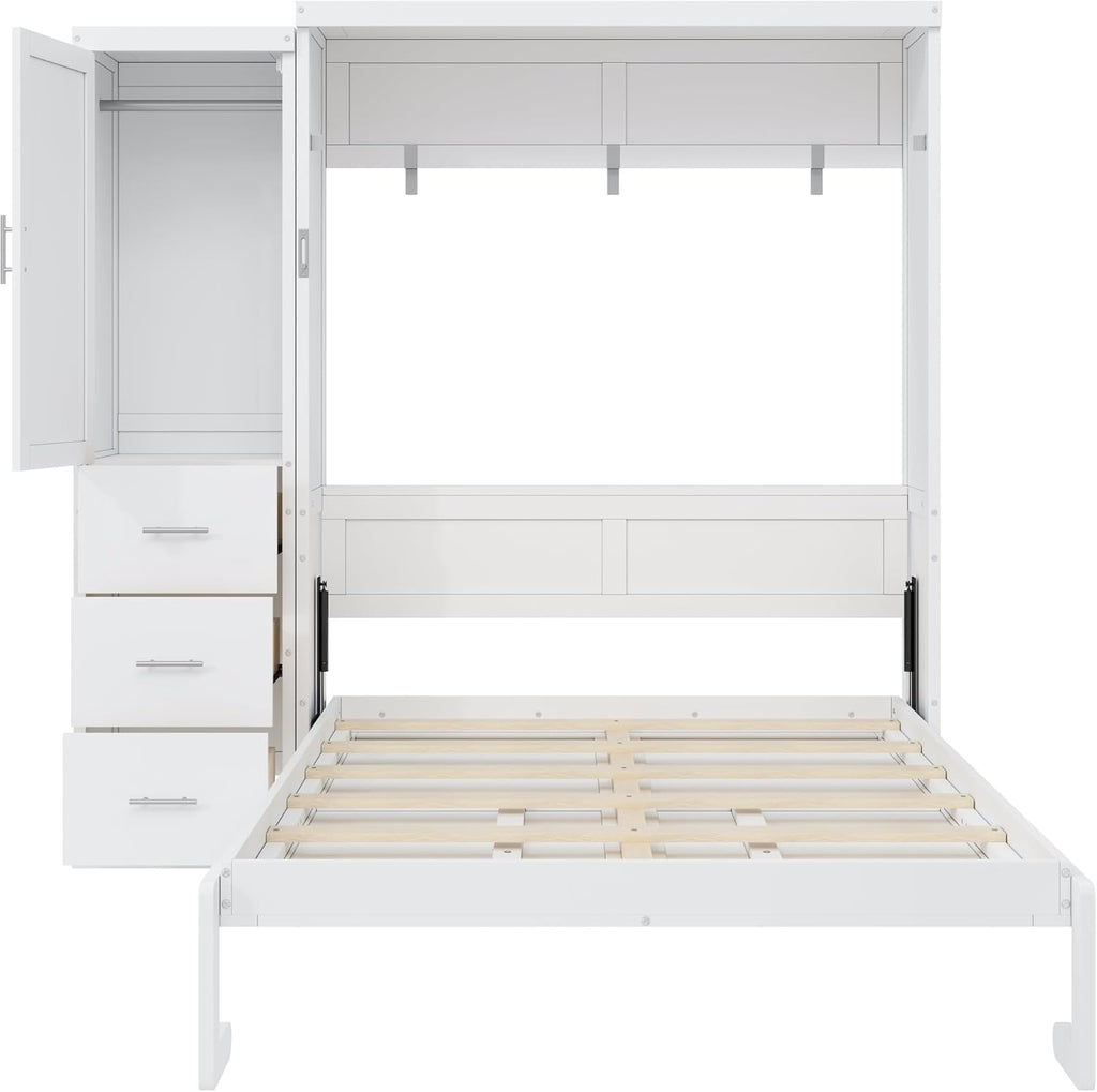 Full Murphy Bed with Wardrobe and Drawers, Space-Saving Wall Bed Frame with Storage Cabinet, Foldable Platform Bed