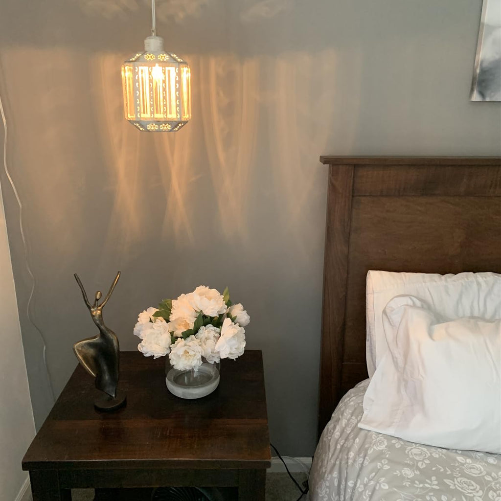 Boho Hanging Lamp Plug in, Rustic White Crystal Swag Lamp, Pendant Light Plug in 16.4 FT Cord Dimmable, Corner
