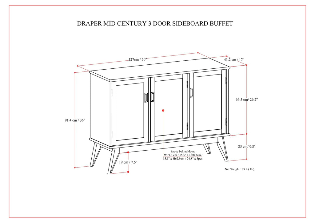 Draper 50" Wide Solid Wood 3-Door Buffet in Teak Brown