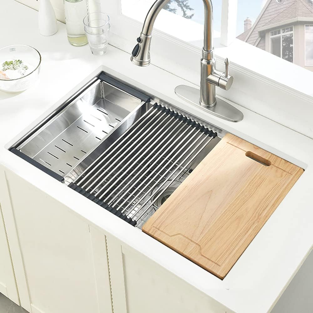 32-inch Undermount Workstation Kitchen Sink Single Bowl | 16 Gauge Stainless Steel Kitchen Sink Handmade R10 Deep