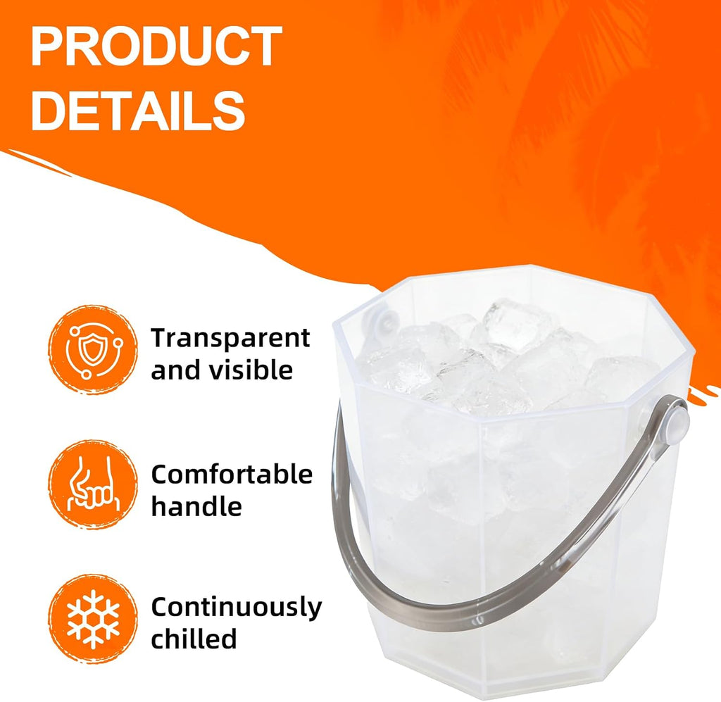 Crystal Ice Bucket with Handle & Tongs-1.1 L Plastic Clear Champagne Ice Buckets for Parties, Beer, Wine, Drinks - Set of 2
