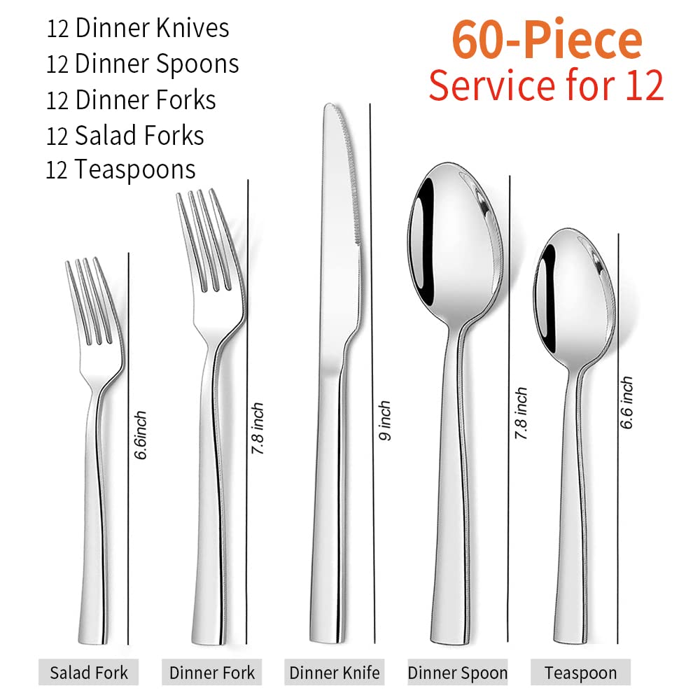 Silverware Set for 12, 60-Piece Stainless Steel Flatware Cutlery Set, Square Edge Kitchen Utensil Include