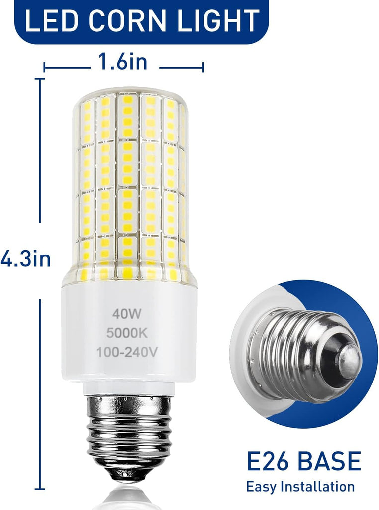 ZP 40W Led Light Bulb 300W Equivalent 5000 Lumen 5000K Daylight White A19 Bulbs, E26/E27 Base Corn Waterproof
