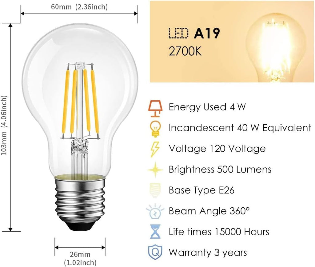 A19 Vintage Edison LED Filament Bulb E26 Base, 4W (40W Equivalent), Warm White 2700K, 500 Lumens, Non-Dimmable, 3
