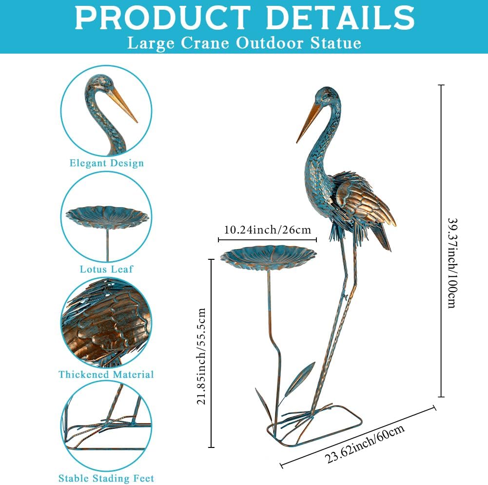 Metal Crane Garden Statue for Outside with Leaf Tray | Large Heron Outdoor Statues, Elegant Crane Yard Art Garden