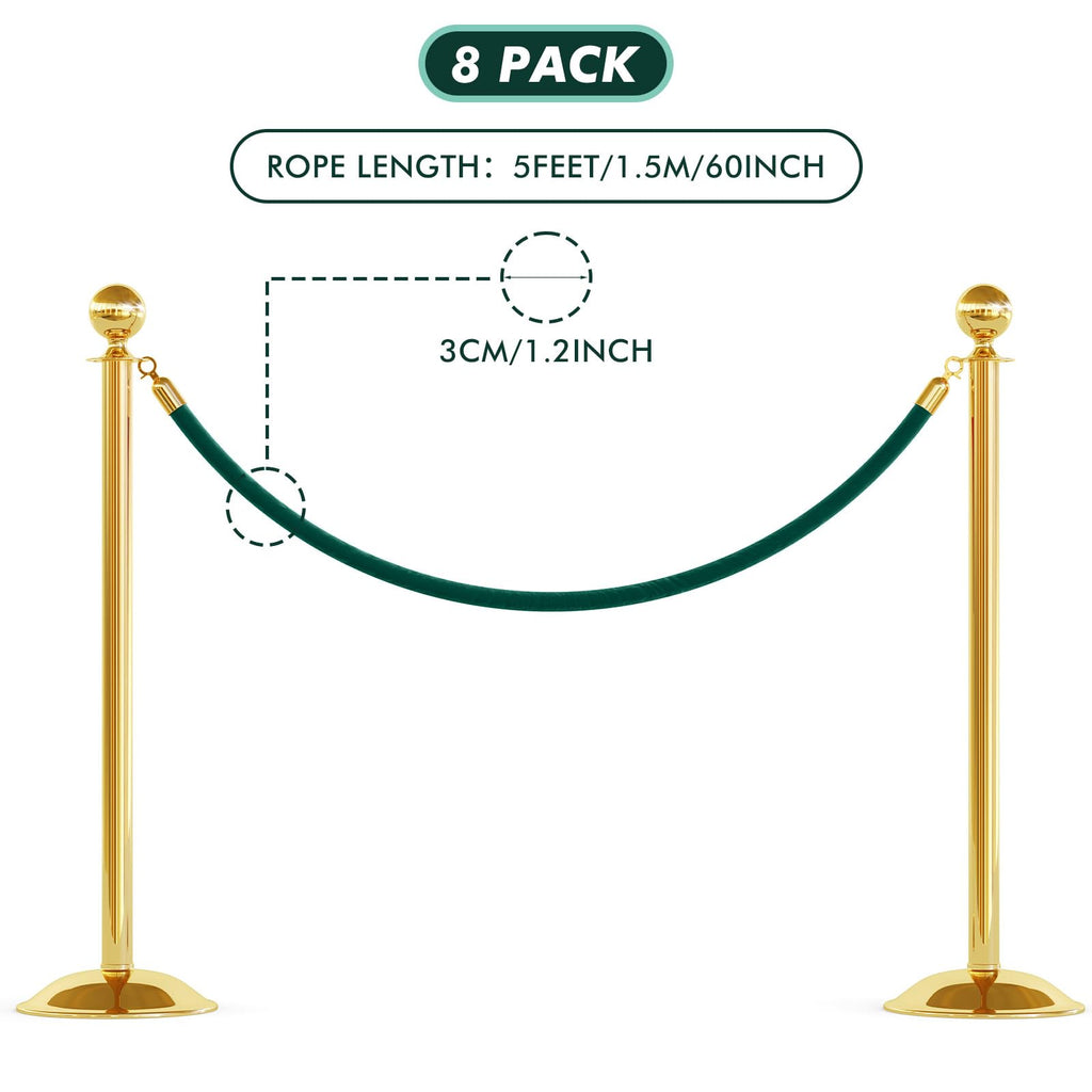 8 Pack 5 Feet Velvet Stanchion Rope Crowd Control, Dark Green