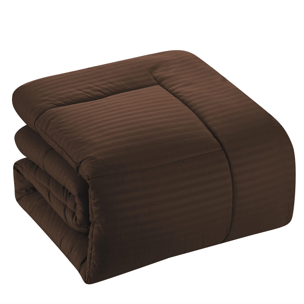 8 Piece Comforter Set Bag with Dobby Stripe Design, Bed Fitted, 1 Flat Sheet, 2 Pillowcases, 2 Shams, Chocolate
