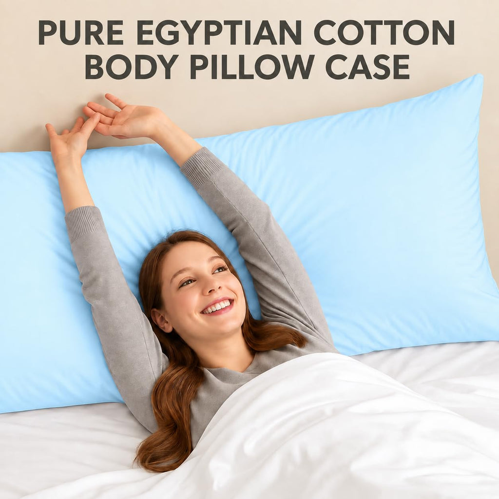 Body Pillowcase 20x60 Inch, Light Blue, 100% Egyptian Cotton, 600 Thread Count, Zipper Closure, Soft & Breathable