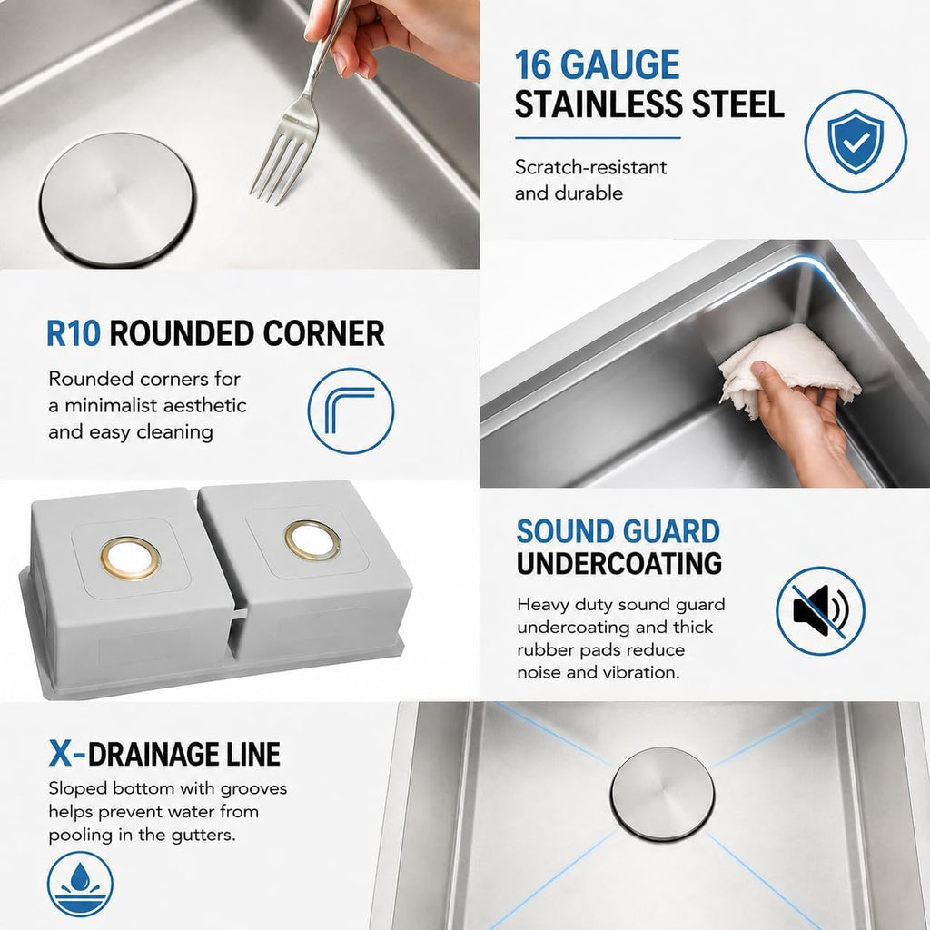 30 Inch Undermount Kitchen Sink Double Bowl, Stainless Steel Workstation
