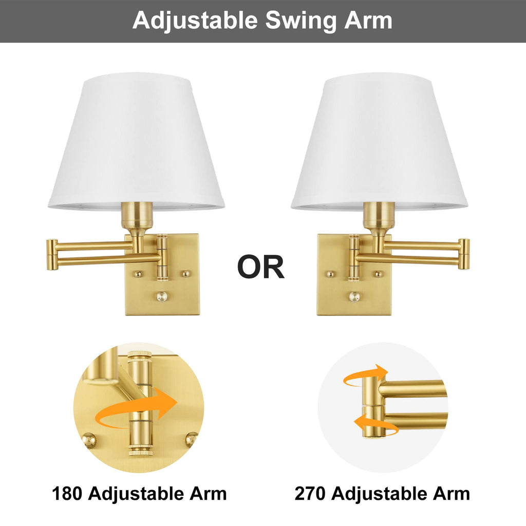 Wall Sconce Plug in, Brushed Brass Dimmable Wall Sconces Set of 2 Swing Arm Wall Lights with Plug in Cord and Dimmer