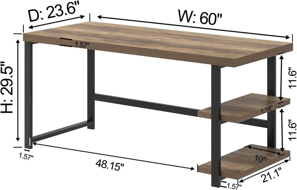 60 Inch Home Office Desk, Large Computer Desk with Storage Shelves, Modern Wood and Metal Writing Study Gaming Table
