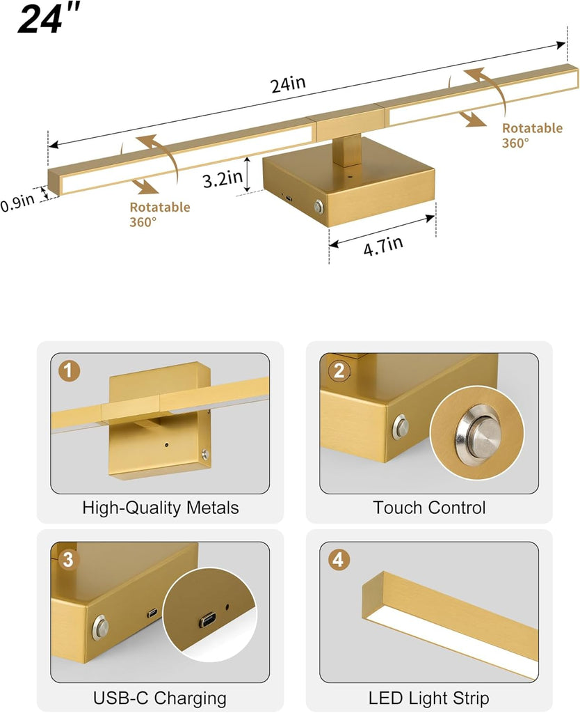 Gold Battery Operated Wall Sconces with Remote Control | 3000/4500/6000K Dimmable 8000mAh Wireless Rechargeable Wall