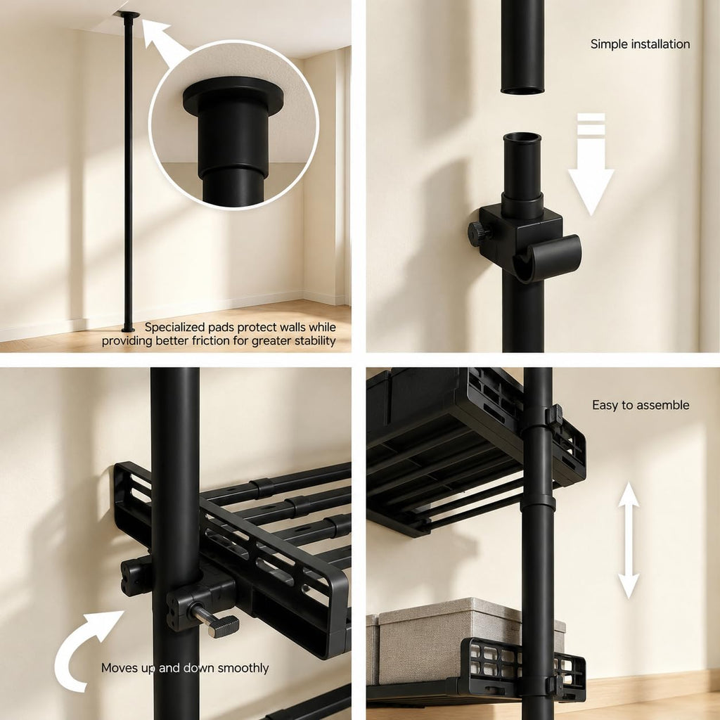 Telescopic Wardrobe Storage Rack, No Drilling Standing Organizer Black