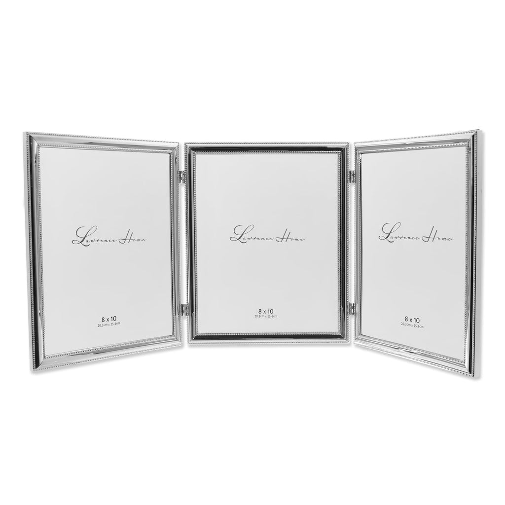 Silver Plated Double Bead 8x10 Hinged Triple Picture Frame