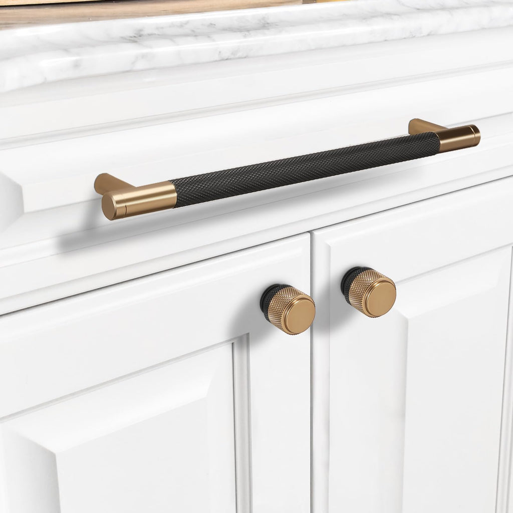 10 Pack Kitchen Cabinet Knobs Matte Black and Champagne Bronze Cabinet Knobs Black Knurled Drawer Knobs Kitchen