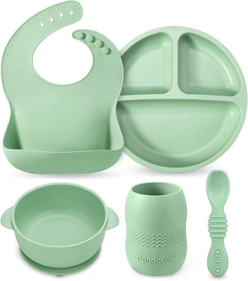 Silicone Baby Feeding Set, 6-12 Months, Bib Plate Bowl Cup Spoon