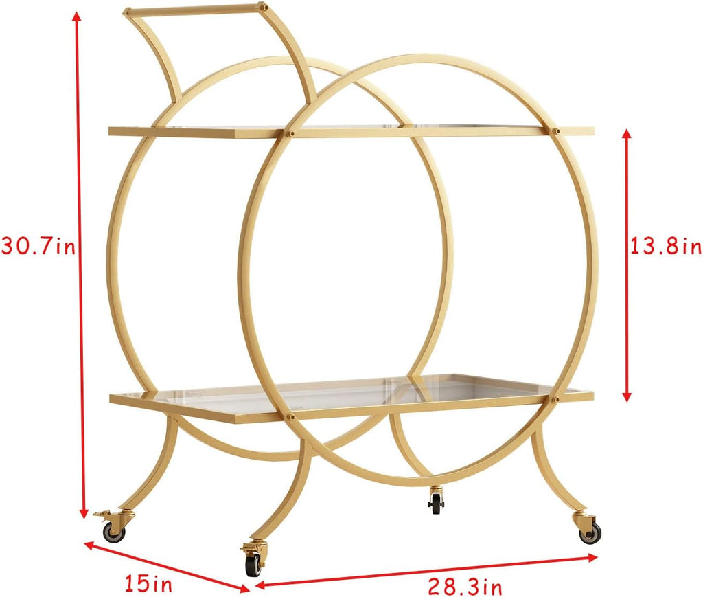 Gold Bar Carts for The Home Bar Serving Cart, Rolling Bar Cart Gold with Lockable Caster Wheels, Glass Bar Carts with