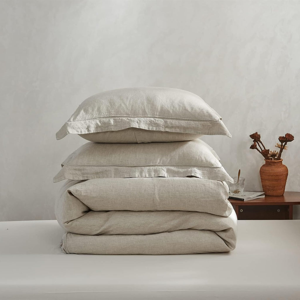100% Linen Duvet Cover Set with Embroidery Border Washed - 3 Pieces (1 Duvet Cover with 2 Pillow Shams) with Button