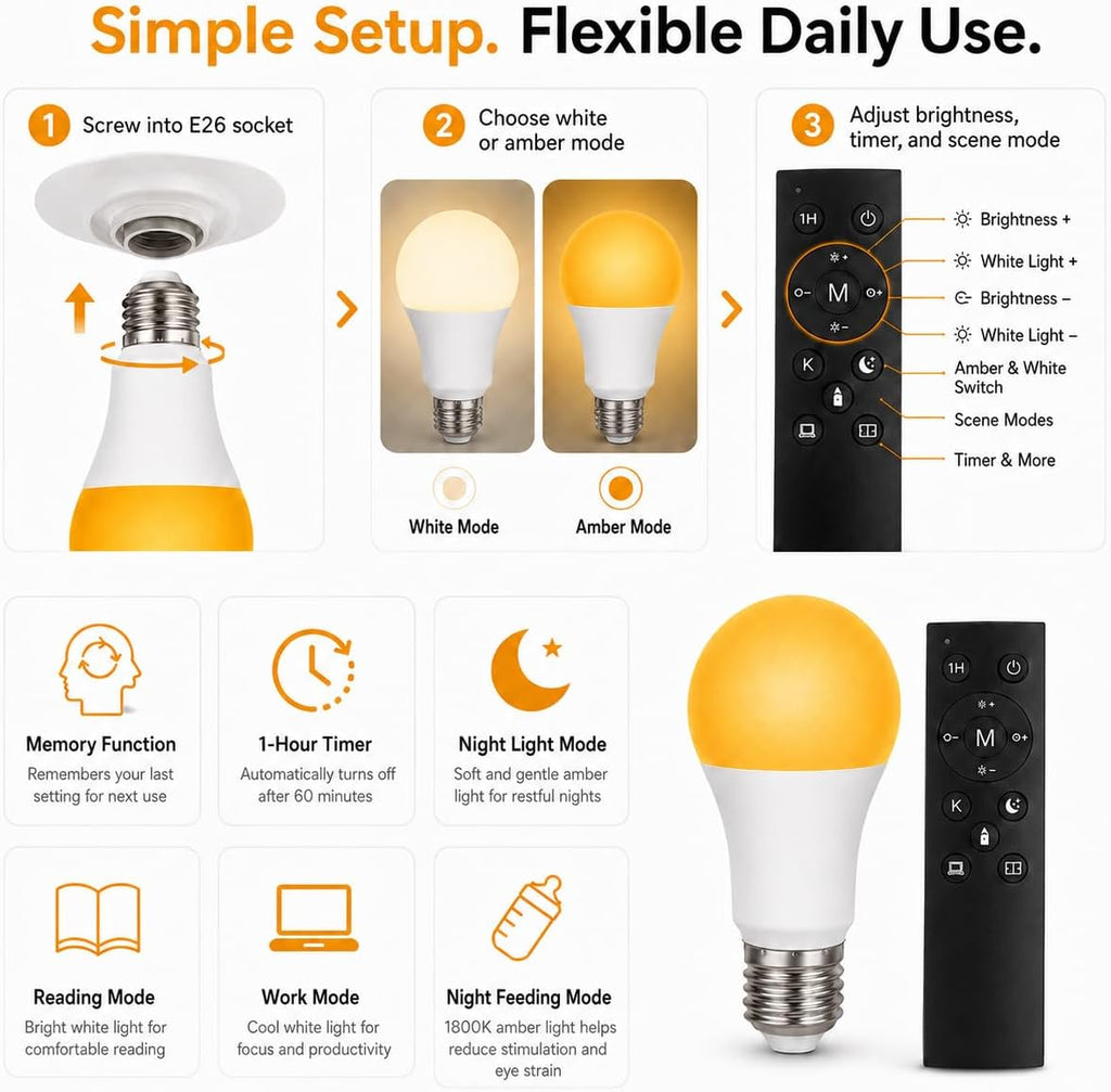 3 PACK - Amber 1800K & White LED Bulb, A19 E26 | Blue-Light-Free Relax Mode