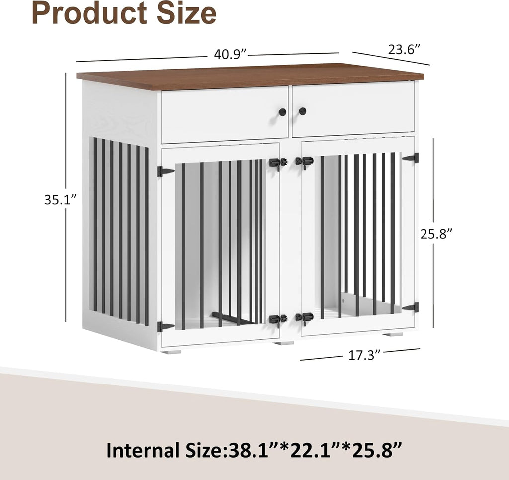 Dog Crate Furniture for 2 Dogs, 41 Inch Double Dog Cage, White