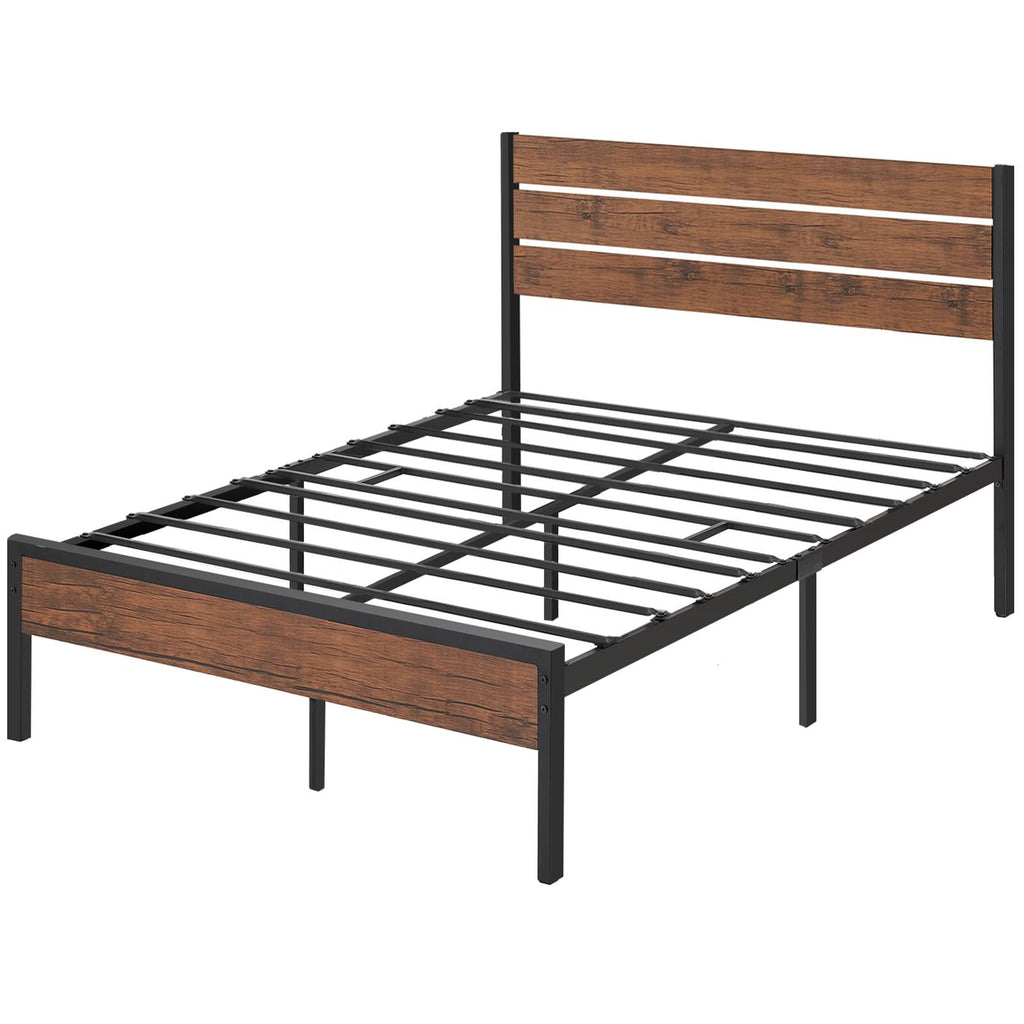 Rustic Queen Metal Bed Frame with Headboard, Rustic Brown