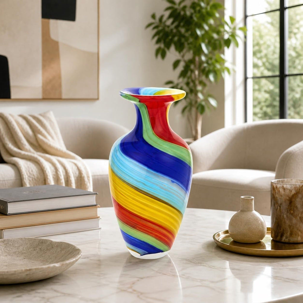 Rainbow Murano-Style Art Glass Vase - 10" Tall Mouth-Blown Glass Vase - Contemporary Home Decor Accent Piece