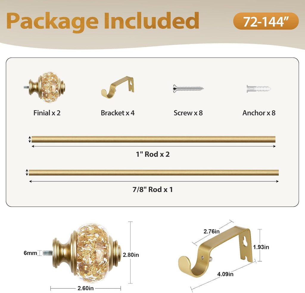 1 Inch Gold Curtain Rods for Windows 72 to 144 Inches (6 to 12 ft), Telescoping Single Drapery Rod, Decorative