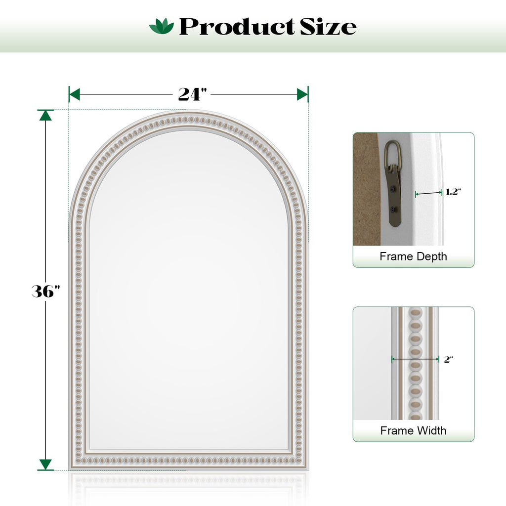 Farmhouse Arched Wall Mirror, 24" x 36" Arched Boho Mirror with Beaded, Arch Rustic Wooden Frame Decorative Wall