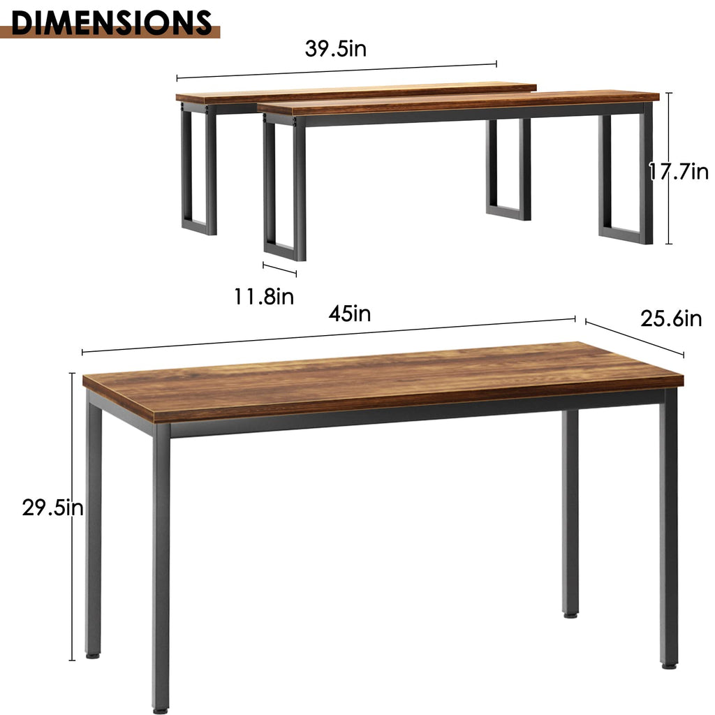 Kitchen Table Set with 2 Benches, Bench Dining Table Set for 4, 3 Piece Dining Room Table and Long Benches, Breakfast