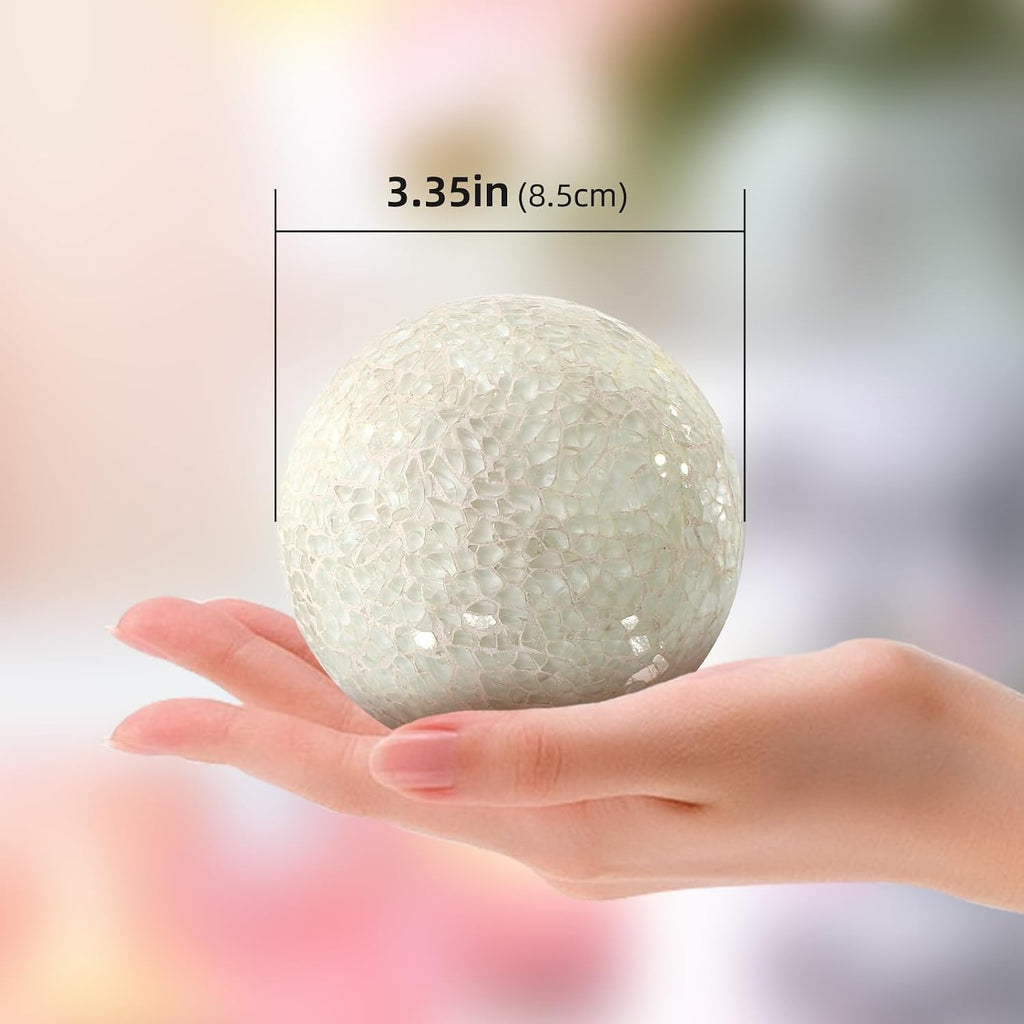 Mosaic Glass Orbs Decorative Balls 8.5cm/3.35inch Sphere Wedding Party Home Decor Table Centerpiece (White) - Set of 3