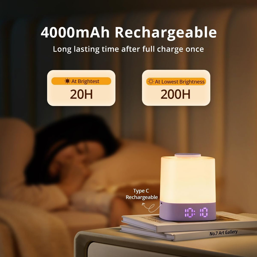 LED Nursery Night Light with Clock, Rechargeable Table Lamp, Purple