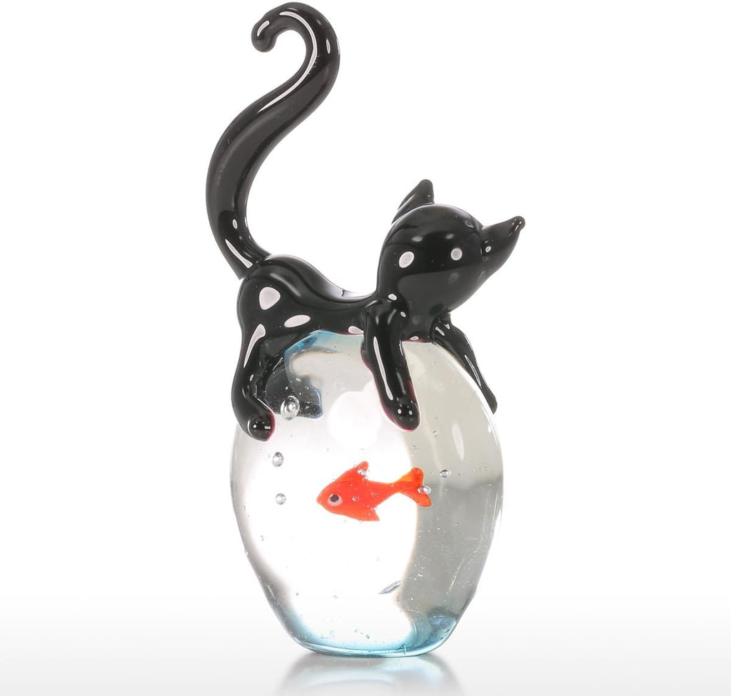 Cat and Goldfish Sculpture Glass Ornament Cat Figurine Hand Blown, Christmas Birthday Gift [Black & Red]