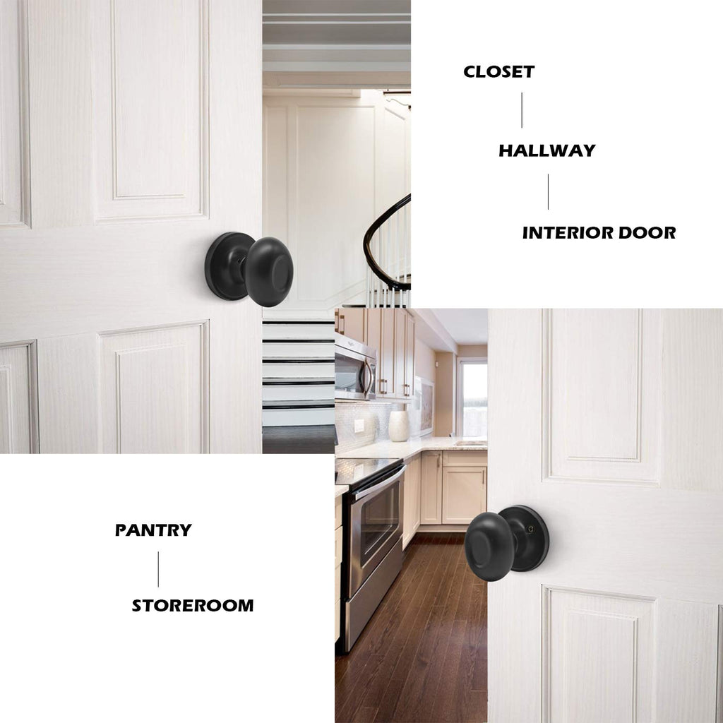 6 Pack Passage Door Knobs Oval Egg Shaped Door Knobs Laundry Passage Function Locksets Without Key in Black Finish