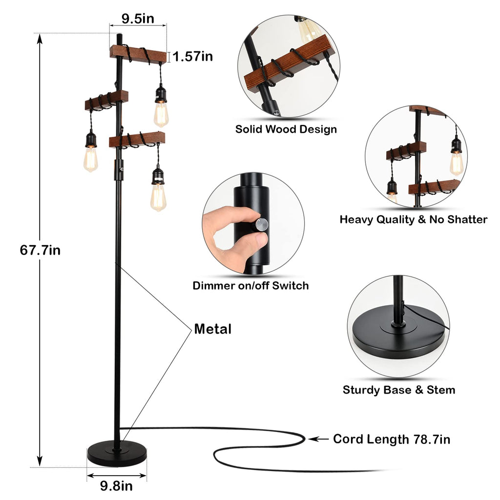 Dimmable Industrial Floor Lamp, Farmhouse Tree Floor Lamp, 68 Inch 3 Lights Wood Standing Lamp, Sturdy Base Tall